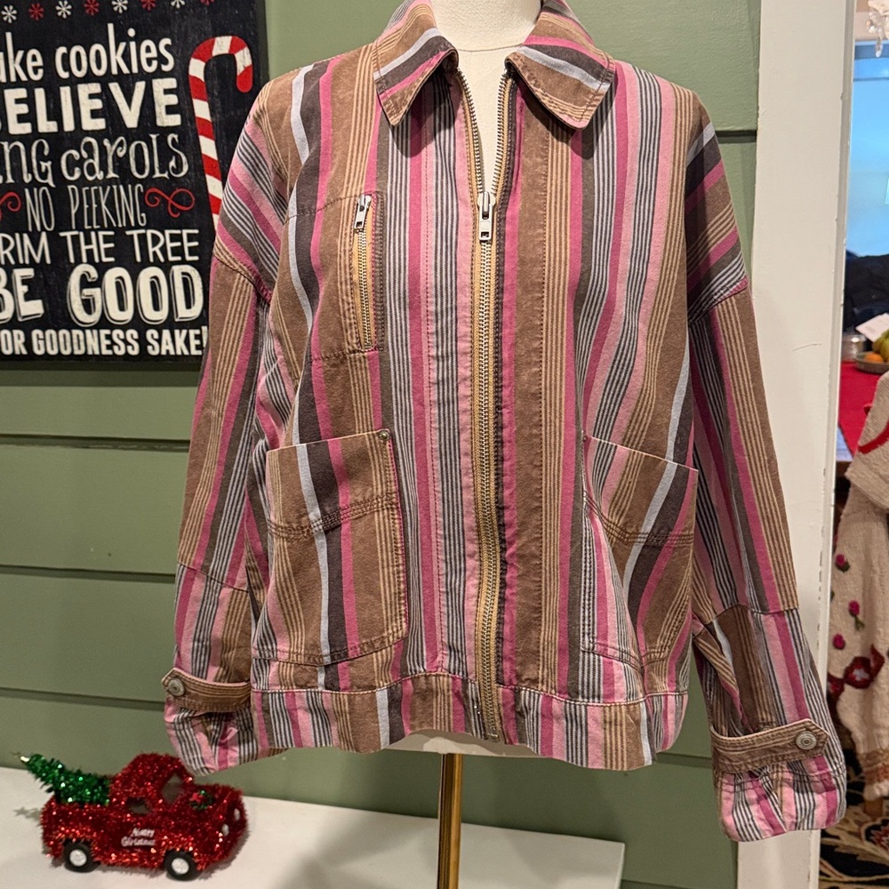Free People We The Free Sally Canvas Jacket Pink Brown Zipper Jacket S NWOT